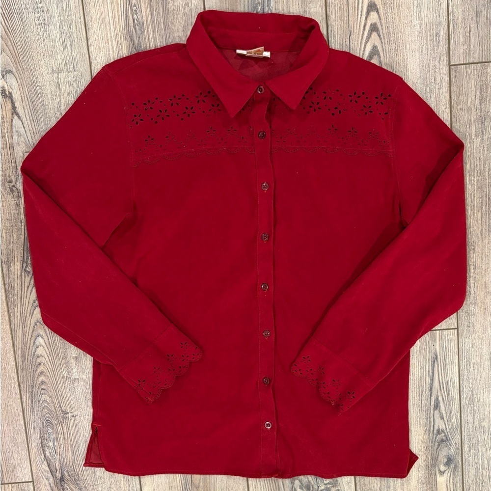 Vintage Carroll Reed Red Eyelet Lace Button Front Blouse L 90s